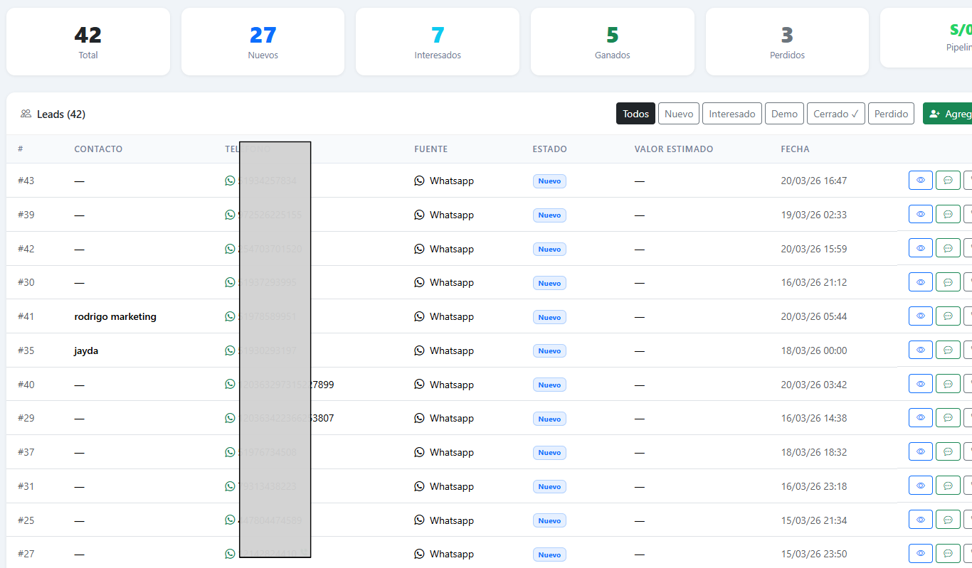 CRM de leads de Mia — gestión de contactos de WhatsApp