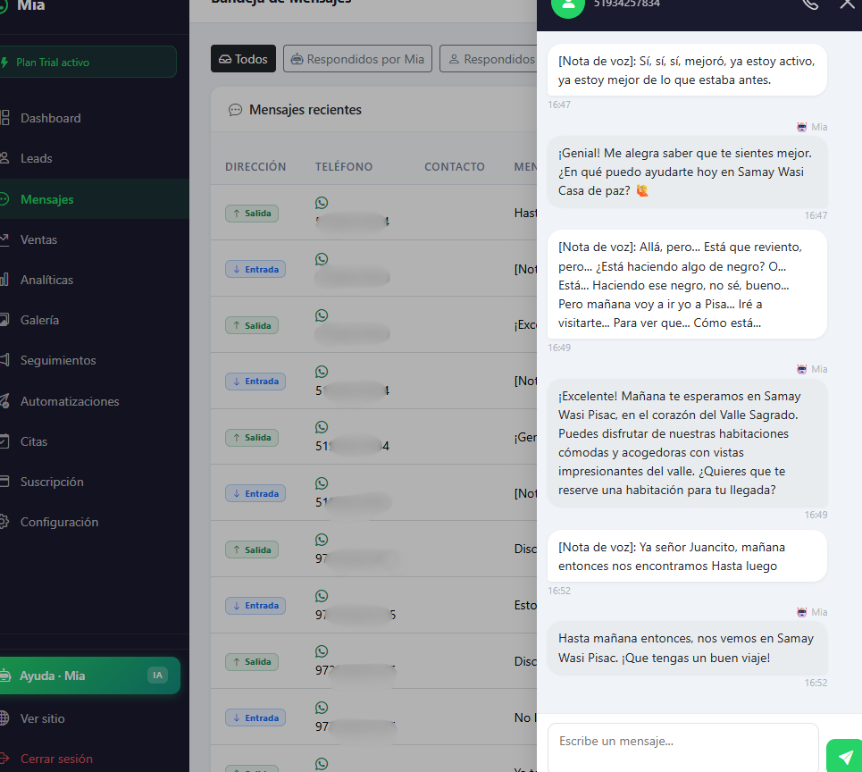 Bandeja de mensajes de WhatsApp en Mia