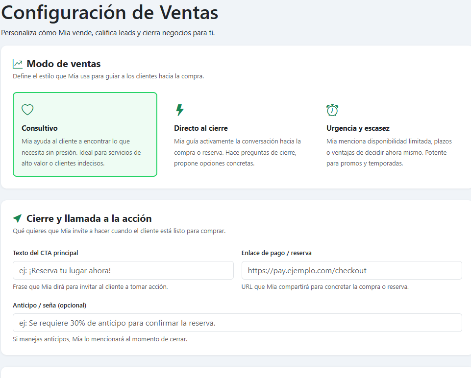 Configuración de ventas de Mia — modo de ventas y CTA